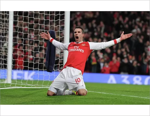 Robin van Persie celebrates scoring the 2nd Arsenal goal. Arsenal 3: 0 Wigan Athletic