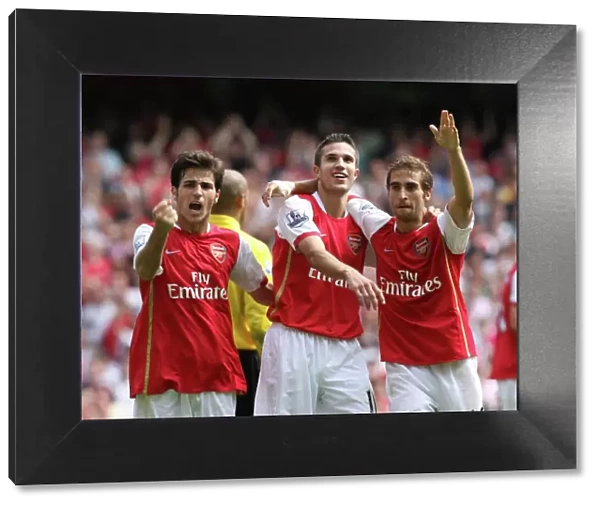 Robin van Persie Cesc Fabregas and Mathieu Flamini celebrate the 2nd Arsenal goal scored by Alex Hleb. Arsenal 2: 1 Fulham, Barclays Premier League, Emirates Stadium, London, 12  /  8  /  2007. Credit: Stuart MacFarlane  /  Arsenal