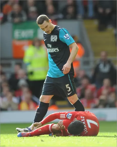 Thomas Vermaelen Stands Over Injured Luis Suarez: Liverpool vs. Arsenal, Premier League 2011-12