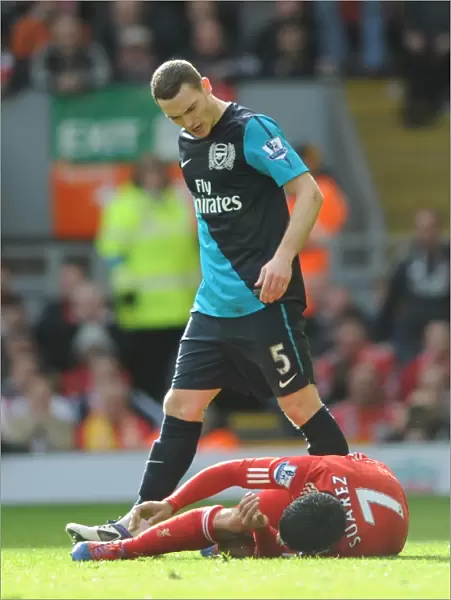 Thomas Vermaelen Stands Over Injured Luis Suarez: Liverpool vs. Arsenal, Premier League 2011-12
