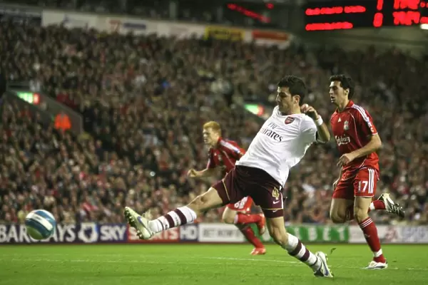 Cesc Fabregas shoots past Liverpool goalkeeper Jose Reine to score the Arsenal goal