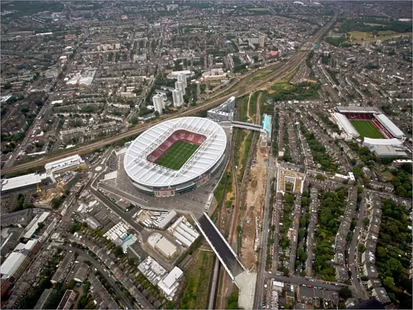 Emirates Stadium and Arsenal Stadium photographed from the a helicopter during the match