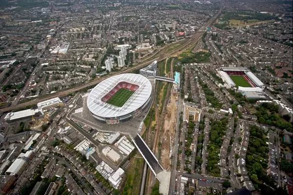 Emirates Stadium and Arsenal Stadium photographed from the a helicopter during the match