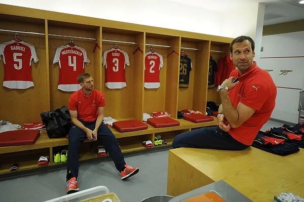 Arsenal Duo Petr Cech and Per Mertesacker in Deep Conversation before Arsenal v Wolfsburg - Emirates Cup 2015 / 16