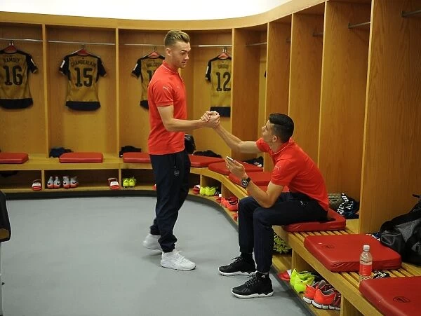 Arsenal Football Club: Calum Chambers and Gabriel in Deep Conversation before Arsenal vs. Olympique Lyonnais (Emirates Cup 2015 / 16)