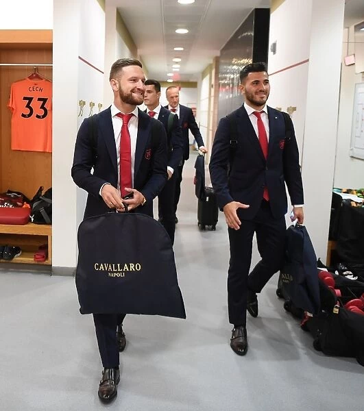 Arsenal Football Club: Mustafi and Kolasinac in the Home Changing Room before Arsenal vs Leicester City (2017-18)