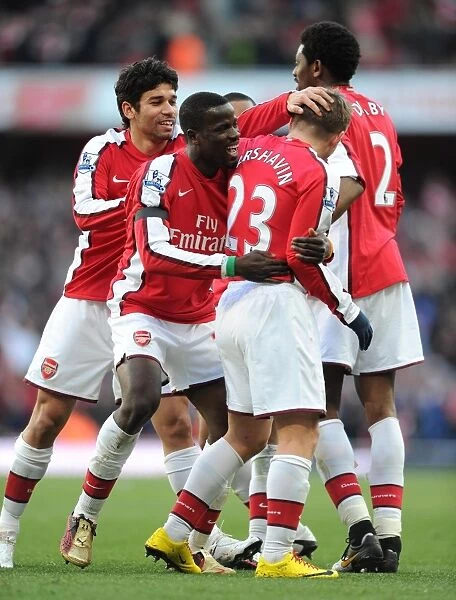 Arsenal Triumph: Arshavin, Eboue, Eduardo, Diaby, and Walcott Celebrate 3-1 Victory Over Burnley