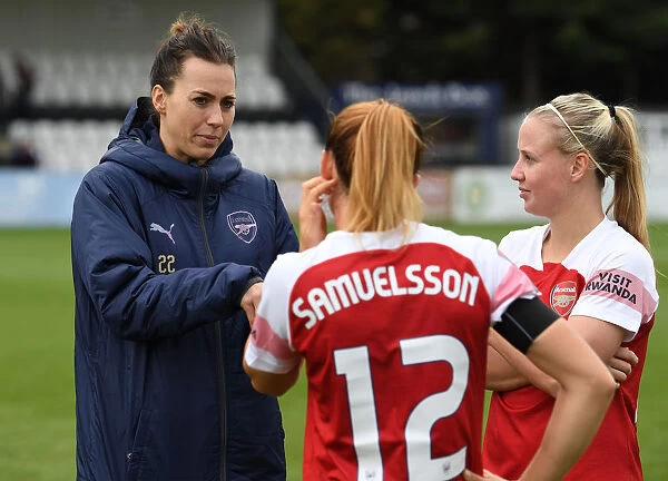 Arsenal Women: Viktoria Schnaderbeck, Beth Mead, and Jessica Samuelsson in Post-Match Huddle (Arsenal Women v Birmingham City Ladies, 2018-19)