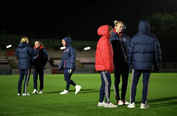 Arsenal Women's Team: Amanda Ilestedt Interacts with Teammates during Pitch Inspection before Arsenal v Bristol City (Conti Cup 2023-24)