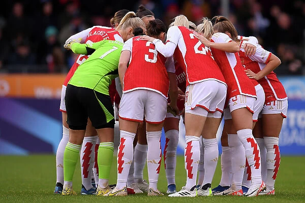 Arsenal Women's Team Huddle Before Kickoff Against Brighton & Hove Albion in Barclays WSL (2023-24)