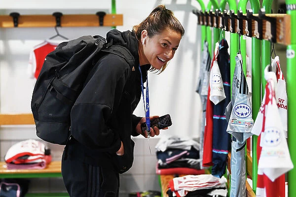 Arsenal Women's Team: Jodie Taylor Smiles in Arsenal Dressing Room Before Semi-Final Clash with VfL Wolfsburg, UEFA Women's Champions League 2022-23