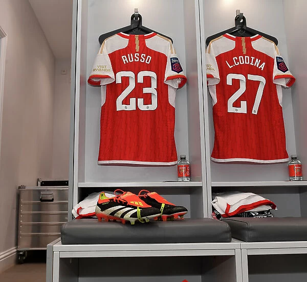 Arsenal's Alessia Russo Unveils New Adidas Boots in Meadow Park Changing Room Ahead of Arsenal Women vs Everton Women (Barclays WSL, 2023-24)