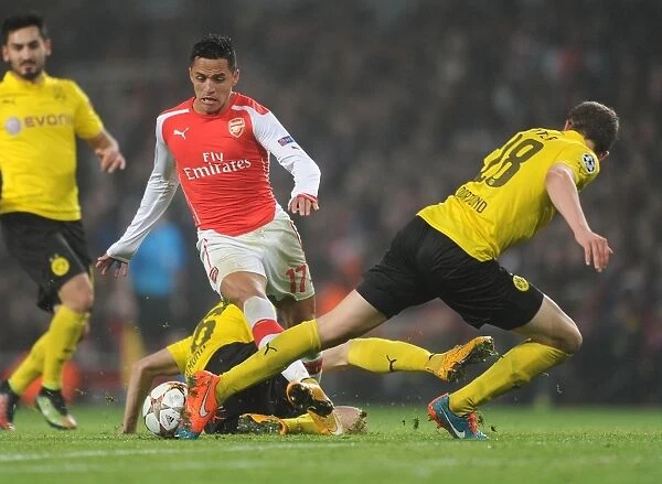 Arsenal's Alexis Sanchez Clashes with Dortmund's Piszczek and Ginter in Champions League Showdown