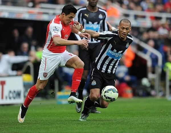 Arsenal's Alexis Sanchez Fends Off Newcastle's Yoan Gouffran During Intense Premier League Clash