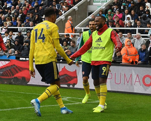 Arsenal's Aubameyang and Lacazette: Unstoppable Duo in Full Swing - Celebrating a Goal Against Newcastle United, 2019-20 Premier League