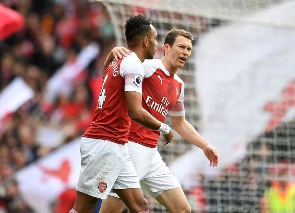 Arsenal's Aubameyang and Lichtsteiner Celebrate Goal Against Brighton & Hove Albion