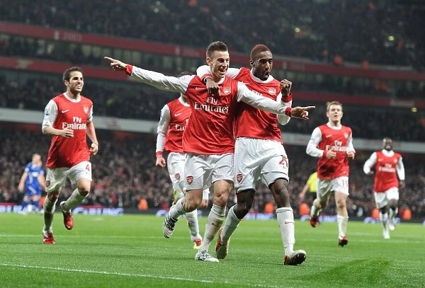 Arsenal's Carling Cup Triumph: Koscielny, Djourou, and Fabregas Celebrate Second Goal (3:0, 3:1 agg)