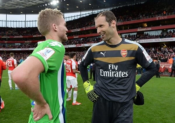 Arsenal's Cech and Schurrle Share a Moment After Arsenal v Wolfsburg at Emirates Cup 2015 / 16
