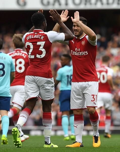 Arsenal's Danny Welbeck and Sead Kolasinac Celebrate First Goal vs AFC Bournemouth, 2017-18 Premier League
