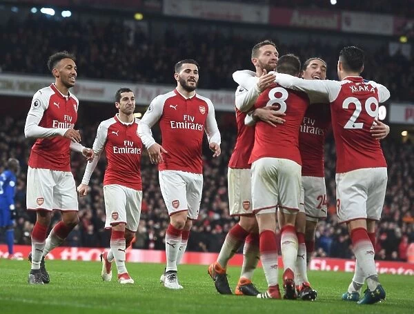 Arsenal's Five-Goal Blitz: Ramsey, Xhaka, Bellerin, Mustafi, Kolasinac, and Aubameyang Celebrate Against Everton (2017-18)