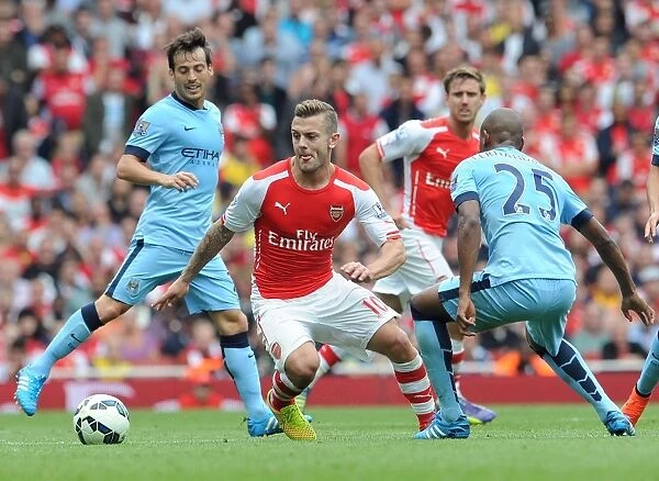 Arsenal's Jack Wilshere Clashes with Manchester City's David Silva and Fernandinho (2014-15)