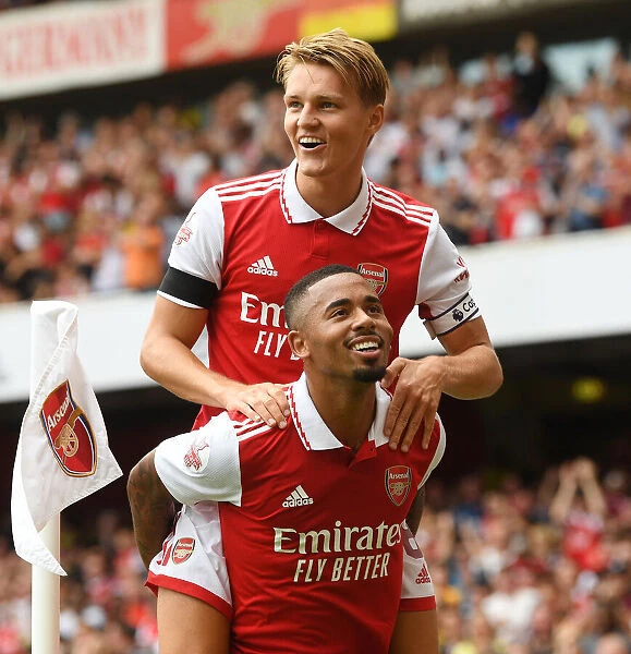 Arsenal's Jesus and Odegaard Celebrate Goals Against Sevilla in Emirates Cup 2022