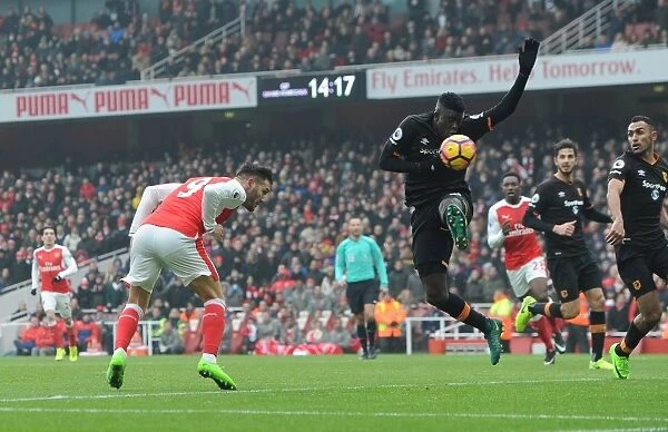 Arsenal's Lucas Perez Scores Heading Past Hull City's Alfred N'Diaye (Arsenal v Hull City, 2016-17)