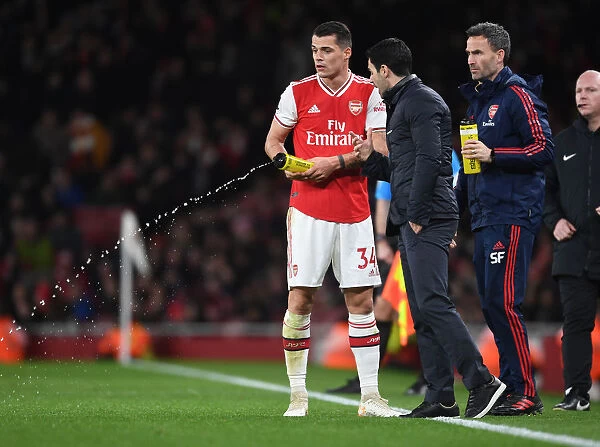 Arsenal's Mikel Arteta Consoles Tense Granit Xhaka Amidst Arsenal v Everton Rivalry, Premier League 2019-20