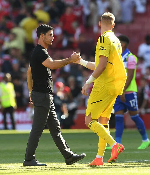 Arsenal's Mikel Arteta Greets Aaron Ramsdale After Arsenal v Leicester City Match, 2022-23 Premier League