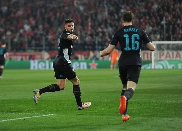 Arsenal's Olivier Giroud and Aaron Ramsey Celebrate Goal Against Olympiacos in UEFA Champions League, 2015-16