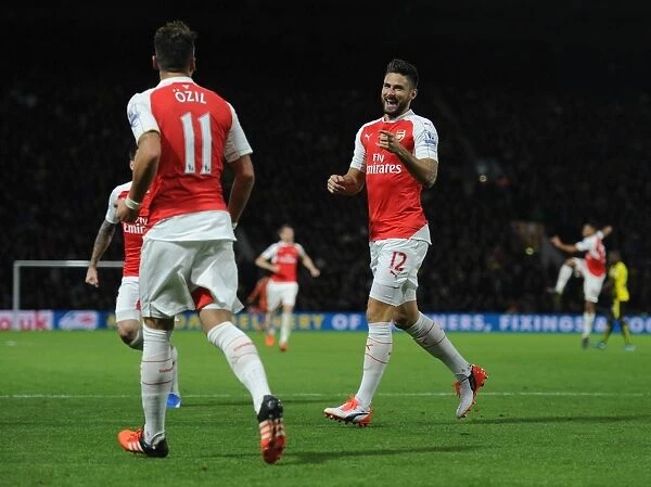 Arsenal's Olivier Giroud and Mesut Ozil Celebrate Goal Scoring Duo Against Watford (2015 / 16)