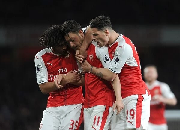 Arsenal's Ozil, Elneny, and Xhaka Celebrate Goal Against West Ham United