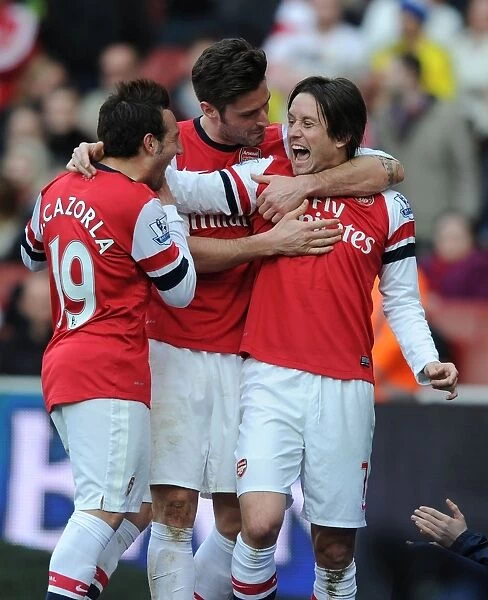 Arsenal's Rosicky, Cazorla, and Giroud Celebrate Goals Against Sunderland (2013-14)