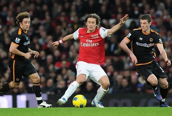 Arsenal's Rosicky Clashes with Hunt and Forde of Wolverhampton Wanderers