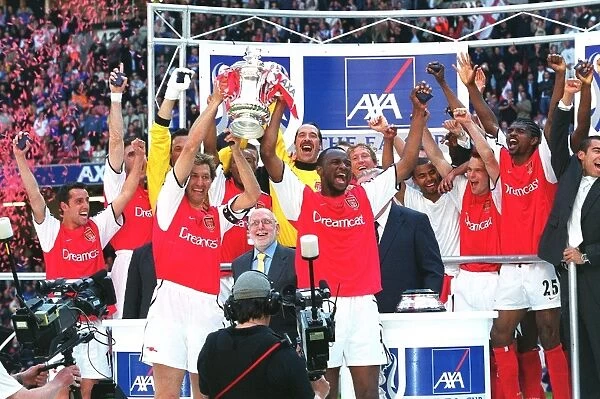 Arsenal's Tony Adams and Patrick Vieira Lift FA Cup: Arsenal 2:0 Chelsea (AXA Final 2002, Millennium Stadium, Cardiff, Wales)