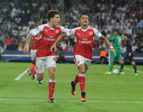 Arsenal's Unstoppable Duo: Alexis Sanchez and Hector Bellerin Celebrate Goal Against Paris Saint-Germain in the UEFA Champions League