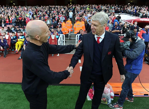 Arsene Wenger and Bob Bradley: Pre-Match Handshake at Arsenal vs Swansea City, Premier League 2016-17