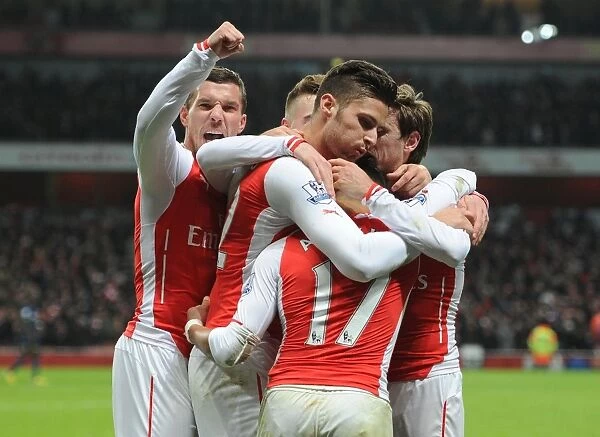 Celebrating Glory: Sanchez, Giroud, Podolski, and Monreal's Unforgettable Moment at Arsenal vs. Southampton (2014-15)