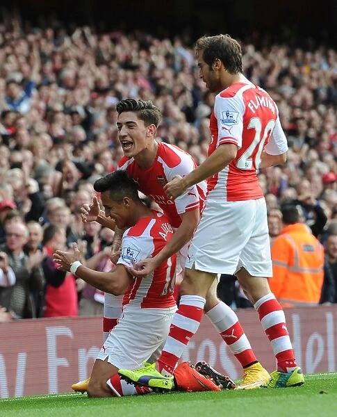 Celebrating a Goal: Alexis Sanchez, Hector Bellerin, and Mathieu Flamini (Arsenal vs. Hull City, 2014-15)