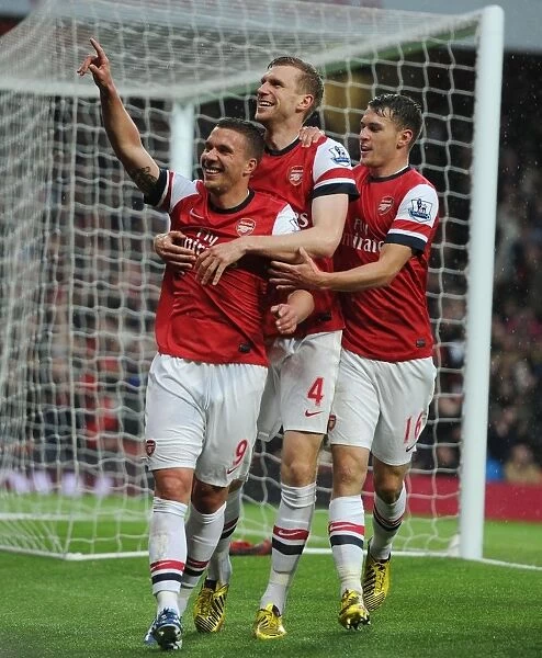 Celebrating a Goal: Podolski, Mertesacker, and Ramsey (Arsenal vs. Wigan Athletic, 2012-13)