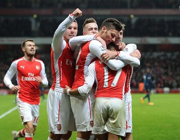 Celebrating Together: Sanchez, Giroud, Podolski, and Monreal (Arsenal vs Southampton, 2014-15)