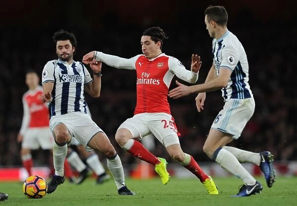 Clash at Emirates: Hector Bellerin Fights for Possession against Claudio Yacob and Jonny Evans (Arsenal vs. West Bromwich Albion, 2016-17)