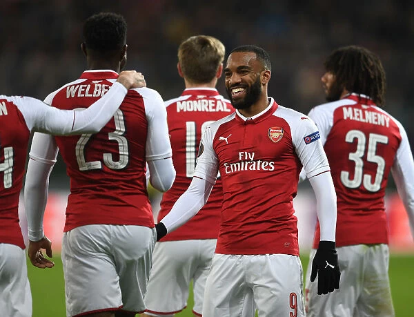 Danny Welbeck and Alexandre Lacazette Celebrate Goal: Arsenal's First Strike against CSKA Moscow in Europa League Quarterfinals