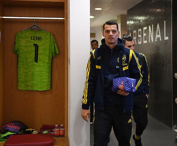 Granit Xhaka in Arsenal Changing Room Before Arsenal v Olympiacos UEFA Europa League Match