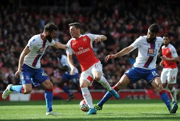 Mesut Özil Dodges Challenges from Joe Ledley and Mile Jedinak in Arsenal vs Crystal Palace, Premier League 2015-16