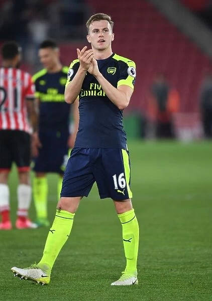 Rob Holding Celebrates with Arsenal Fans after Southampton Victory, 2016-17 Premier League