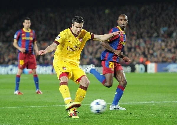 Robin van Persie (Arsenal) shoots for goal after the referee has blown his whistle earning a 2nd yellow card. Barcelona 3: 1 Arsenal. UEFA Champions League. Last 16, 2nd leg. Camp Nou, Barcelona, 8  /  3  /  11. Credit : Arsenal Football Club  / 