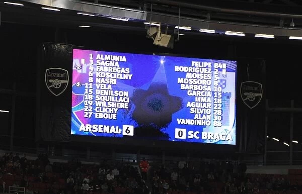 The scoreboard shows the final score. Arsenal 6: 0 SC Braga, UEFA Champions League