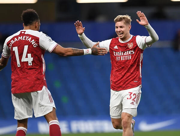 Unstoppable Arsenal Duo: Smith Rowe and Aubameyang Celebrate Goal at Empty Stamford Bridge, 2021 Premier League