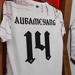 Arsenal Captain Aubameyang's Shirt and Pennant in Changing Room before Arsenal vs Liverpool FA Community Shield 2020-21